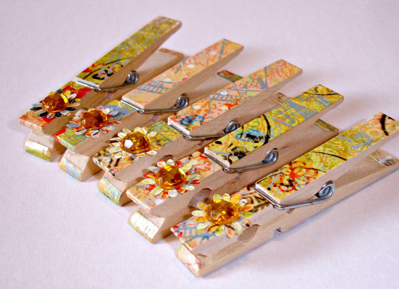 Decorative Clothespin Pegs, Set Of 5 Hand Decorated Clothespins, Clips Wooden Clothespins